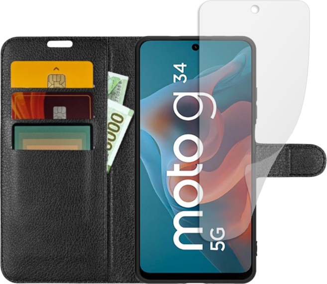 모토로라 모토 G34 5G 가죽 지갑 케이스 + 저반사 지문방지 필름