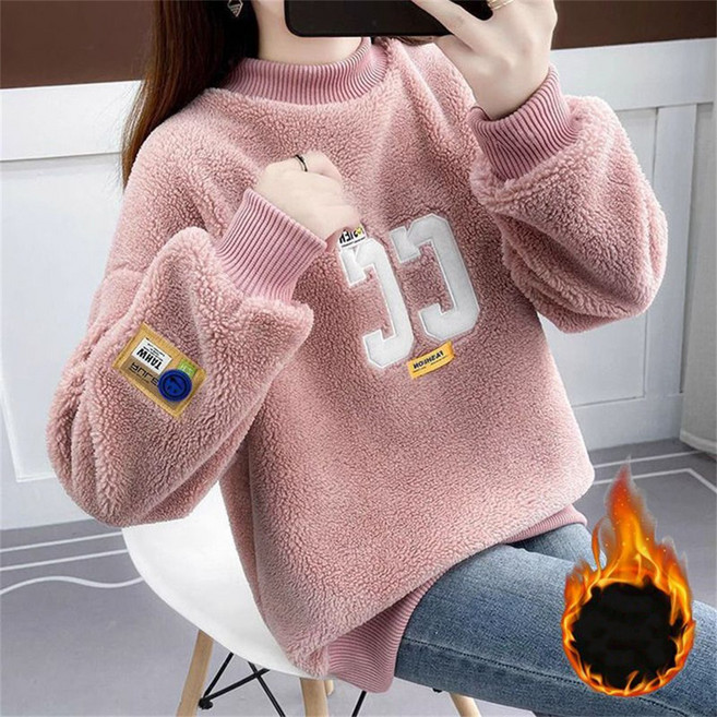 besteffie 여성 양털 혼방 맨투맨셔츠 가을 겨울신상 보온 루즈핏 캐주얼 자수 레터링 디자인 뽀글이 맨투맨 K39