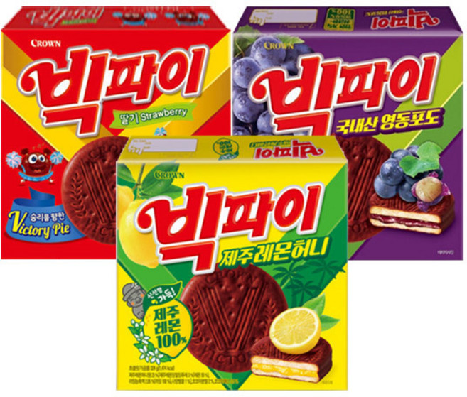 크라운 빅파이 딸기 +제주레몬허니+영동포도 324g, 1세트, (총3개)