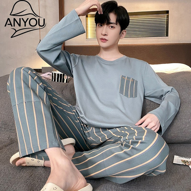 ANYOU 남성용 클래식 사계절 긴팔 상하의 잠옷 세트 데일리 투피스 파자마