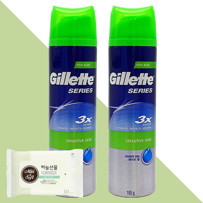 질레트 시리즈 3중 액션 센서티브 스킨 쉐이브 젤 195g 2개(+하늘선물 물티슈 10매), 2개