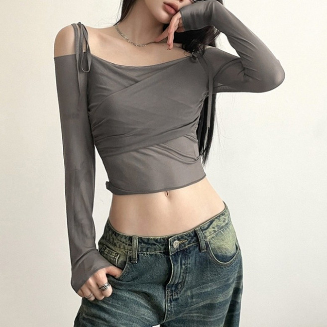 아이엠몽 여성 시스루 오프숄더 크롭 나시 티셔츠