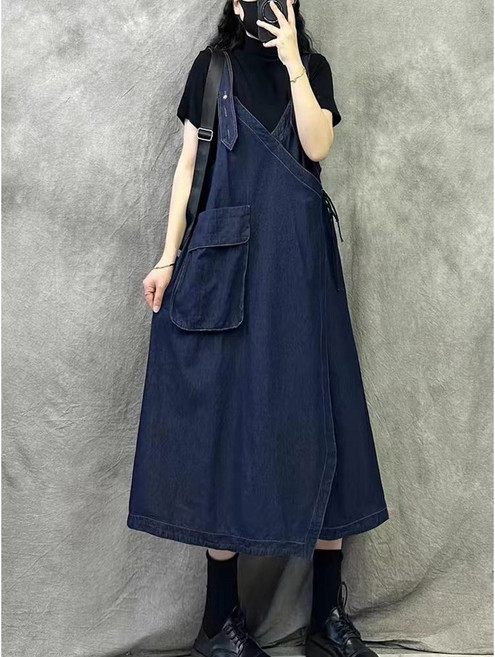 여성용 빅사이즈 롱 데님 원피스 빈티지 루즈핏 민소매 멜빵 치마