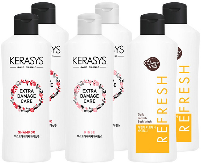 애경 케라시스 엑스트라 데미지 케어 180ml 2개씩 (샴푸 + 린스 + 샤워메이트 리프레시 망고 바디워시), 1