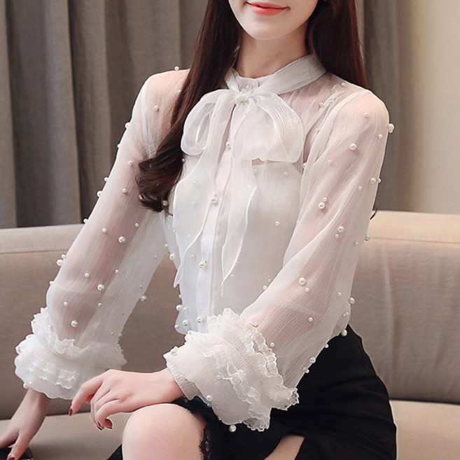 포플러앤씨 러블리 진주 리본 블라우스