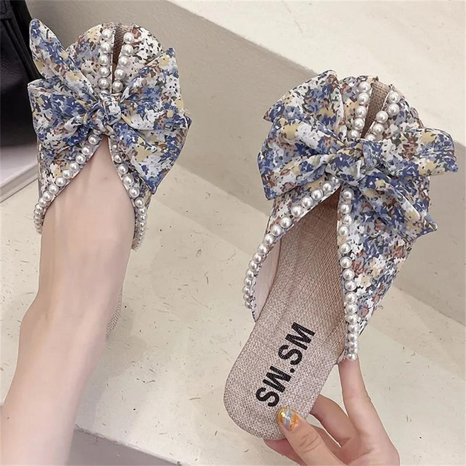 꽃소담 여성 잔꽃 진주 플랫 블로퍼 슬리퍼 샌들 QQA845