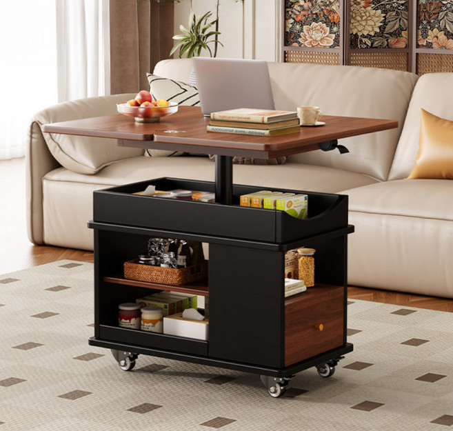 사이드테이블 리프트업 테이블 모던 이동식 수납 소파테이블 트롤리 높이조절 거실쇼파테이블 커피테이블 티테이블, 리프트업 블랙+월넛