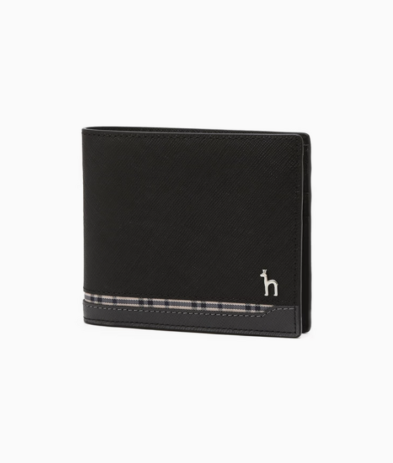 [정품 선물포장] 헤지스 블랙 하단 체크 라인 포인트 남성 소가죽 반지갑