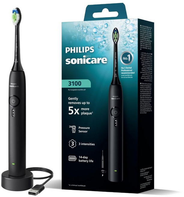 필립스 소닉케어 3100 시리즈 음파 전동칫솔, SERIEs/HX4031, 블랙, 1개