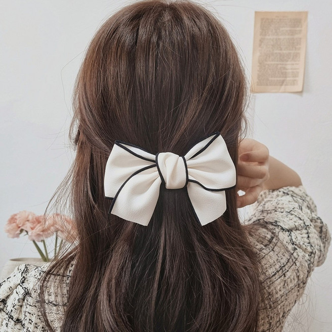 초콜리트쥬얼리 밀키 배색라인 리본 반머리 자동 헤어핀 5컬러