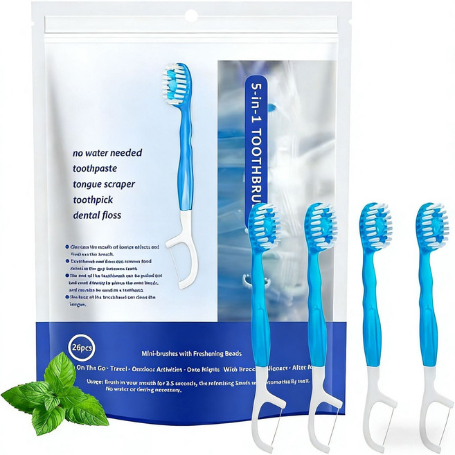 민트향 일회용 캡슐칫솔 치실 혀클리너 이쑤시개 분리형 개별포장 26개입 (물없이 사용하는 출장용/캠핑용/비상용/데이트용)