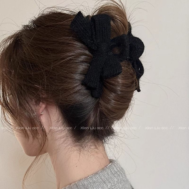 毛線蝴蝶結抓夾，後腦勺大號鯊魚夾，適合髮量多者, 1個, 黑色蝴蝶結 13cm