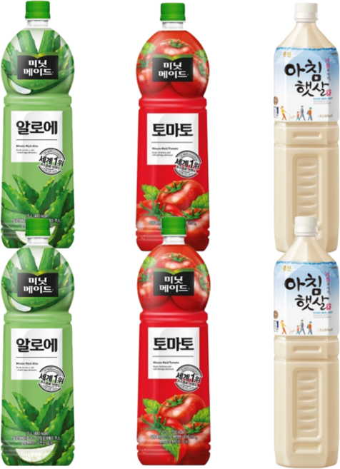 [한번에먹자쇼핑몰] 1.5L 과즙음료 3종 혼합세트 각 2개씩 / 미닛메이드 알로에 1.5L 2개 + 미닛메이드 토마토 1.5L 2개 + 웅진 아침햇살 1.5L 2개 / 총 6개