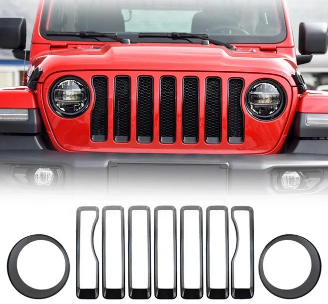 앵그리버드 스타일 헤드라이트 베젤 커버 트림 프론트 그릴 인서트 2018 2022 지프 랭글러 JL 사하라 루비, 01 검정색