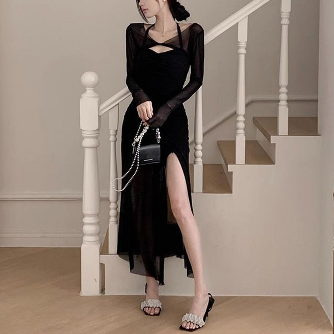 ORZQU 여름 여자 슬림핏 색시 망사 패치 힙 트임 롱 스커트 홀터넥 나시 원피스 블라우스 투피스