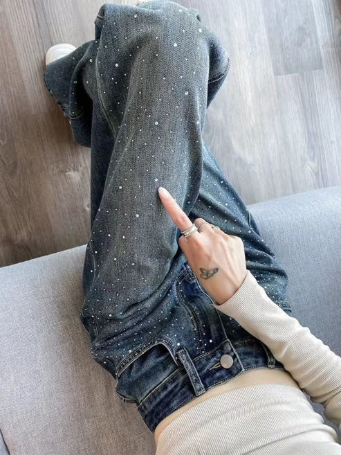 燙鑽高腰窄版闊腿牛仔褲女 顯瘦直筒褲