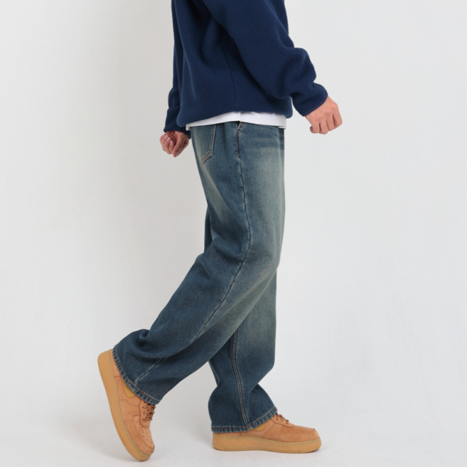 남자 기모 청바지 뒷밴딩 겨울 루즈핏 와이드 데님 팬츠