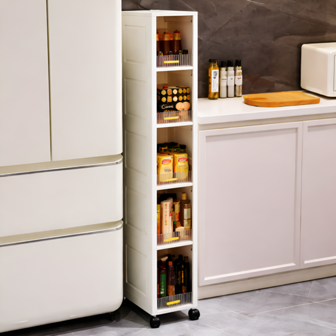 피에스컴퍼니 틈새수납장 5단 냉장고 수납장, 화이트