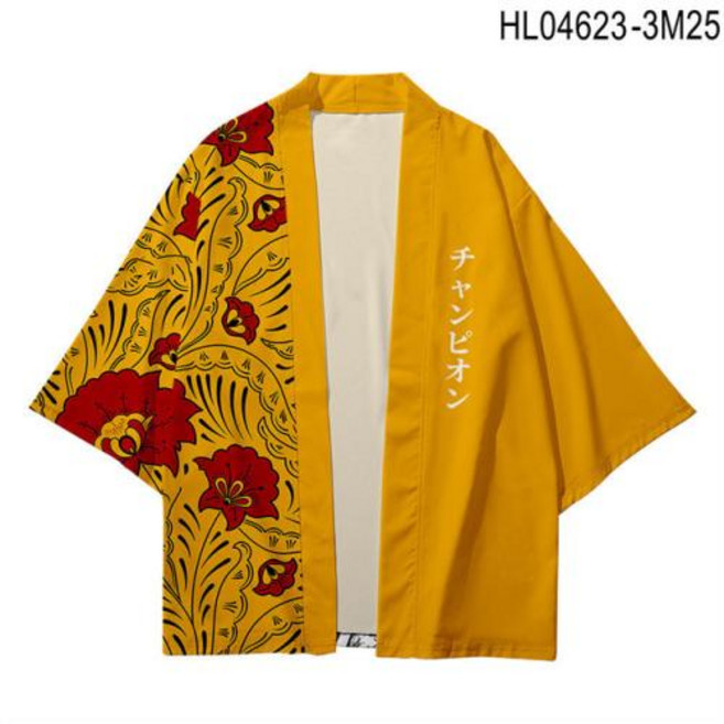 남성 기모노 가디건 유카타 일본 하오리 아시아 전통 플라워 프린트 하와이안 셔츠 해변 특대 6XL