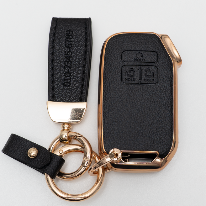 양면각인 기아 호환 4세대 카니발 KA4 리모컨 가죽 차키케이스 커버 스마트 7버튼 키홀더 스트랩, KH17_TL43, 블랙골드