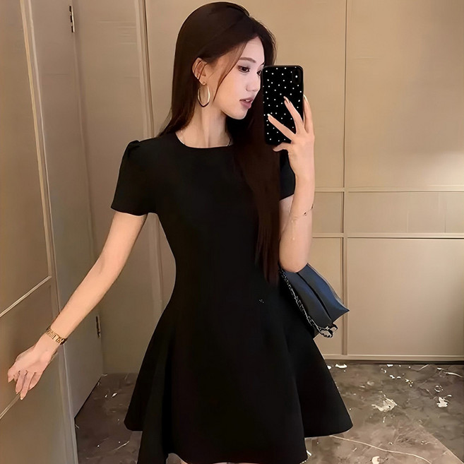 DIU 法式氣質短袖連衣裙女夏小個子設計感小衆高級感西裝收腰短裙, S(100斤以下)