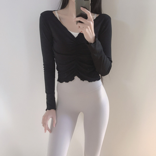 로라벨 여성용 프릴 셔링 크롭 긴팔 요가 필라테스 상의