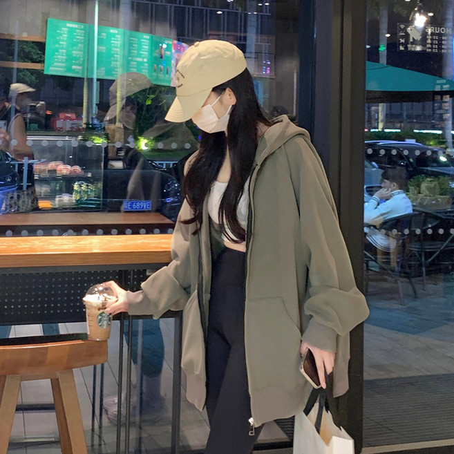 후드 스웨터 재킷 여성의 봄과 가을 새로운 스포츠 세트 지퍼 카디건 느슨한 탑