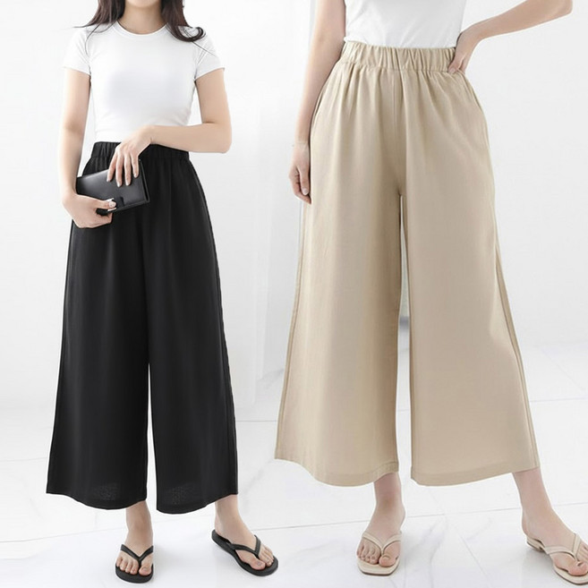 (1+1) 린넨원단 여름 가벼운 마 밴딩 와이드팬츠 플레어 치마바지 여성용 편안한 고무줄 통바지 날씬 슬림 무지 데일리룩 2장세트