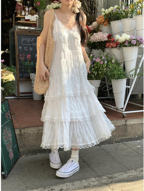 梨卡 女裝蛋糕裙吊帶連身裙 度假沙灘裙 白色V領款, 白色(V領)-現貨馬上出貨