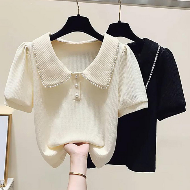 ROYALBELLE 여성 카라넥 진주 장식 버튼 퍼프 소매 슬림핏 캐주얼 반팔 티셔츠 E01031209