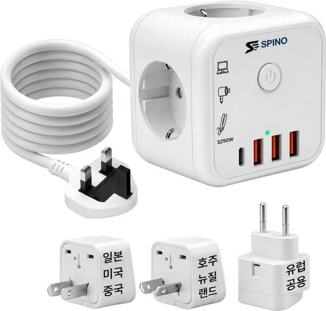 스피노 고용량 3250W 일본 돼지코 변환기 해외 여행용 멀티 어댑터 멀티탭 2M, 1개, 화이트