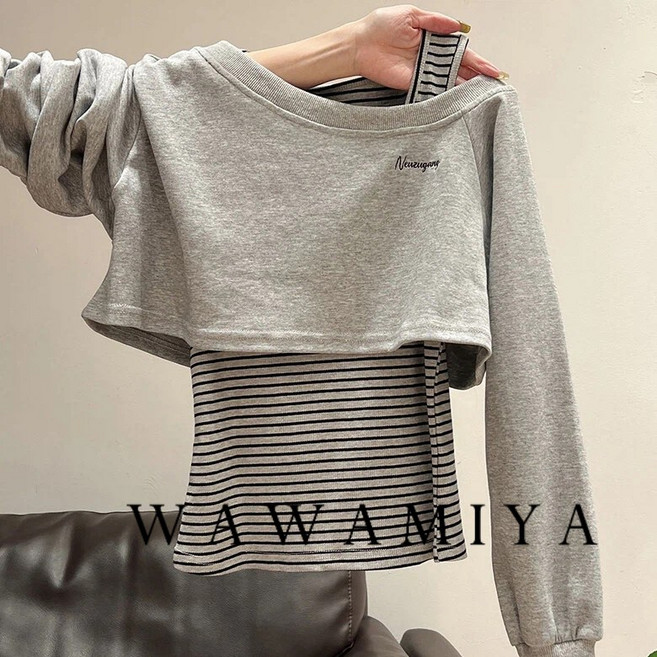 크로스 긴팔 크롭 맨투맨 긴팔 티셔츠 + 스트라이프 나시 티 투피스 상하의 세트 WAWAMIYA