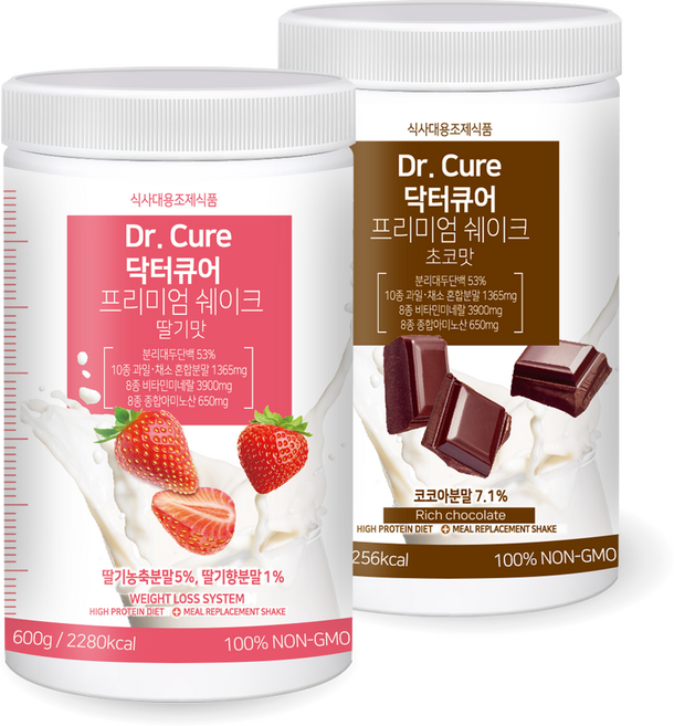 1+1 닥터큐어 식사대용 단백질 쉐이크 다이어트쉐이크 초코딸기세트, 초코+딸기, 2개, 600g