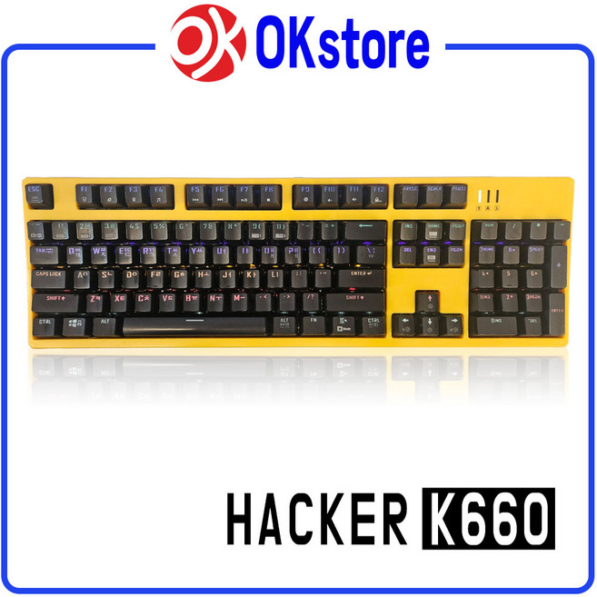 앱코 HACKER K660 키보드 카일광축 방수 옐로우 바디/블랙 키캡 무빙LED, ABKO HACKER K660, 옐로우바디/블랙키캡, 청축