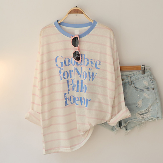 스카이코코 여성 얇은 긴팔티 네온 단가라 배색티