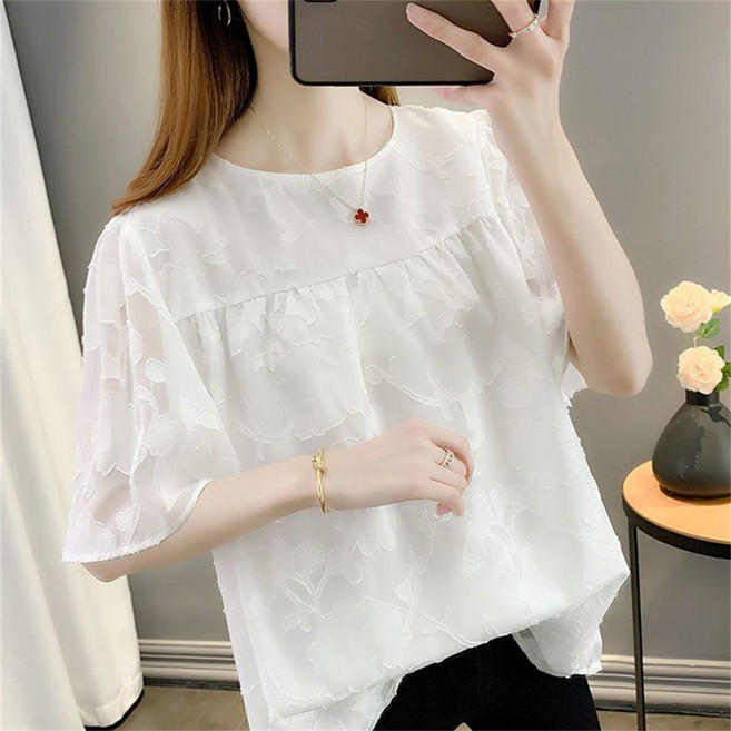 Vezri 여성 블라우스 레이스 플라워 디자인 라운드넥 부드러운 무지