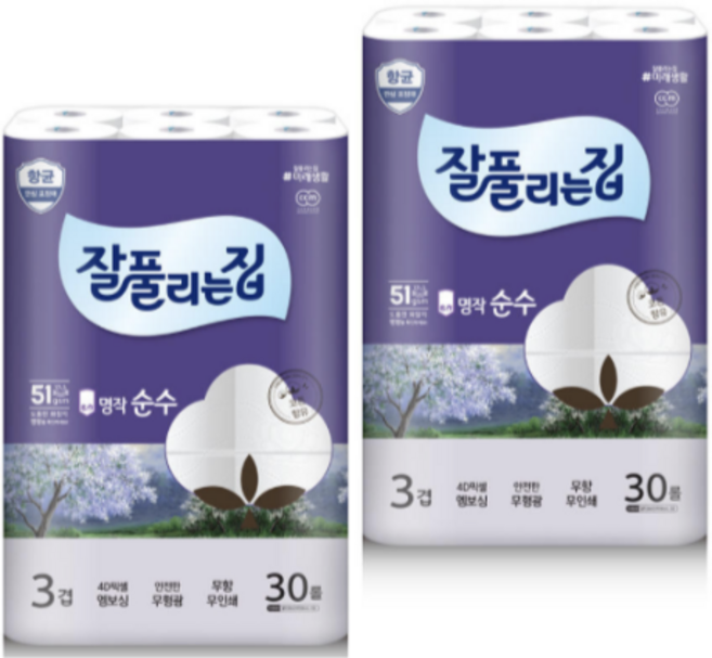 명작순수3겹 화장지 잘풀리는집 30m 30롤 2개, 30개입, 60개
