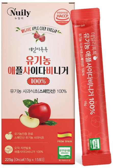 뉴일리 데일리톡톡애플사이다비니거 15포초모 폴리페놀 유기산 대표적인 알칼리성식품, 1박스, 225g