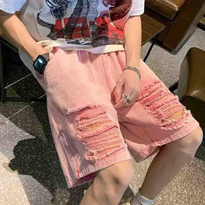 男士夏季寬鬆休閒破洞牛仔短褲