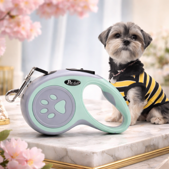 오복이픽마켓 꼬임방지 강아지 자동 리드줄 산책줄, 1개, 그린