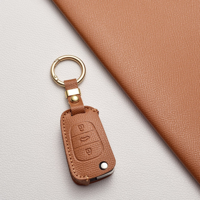 기아/현대 호환 천연 소가죽 3버튼 폴딩 키케이스 (아반떼 MD/모닝/레이/쏘울/스포티지 R/쏘렌토/봉고/YF 쏘나타/i30/K5/K7/포르테/그랜저 TG) 차량용품, C 타입, 샌드 브라운