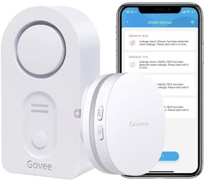고비 Govee WiFi 수분 센서 100dB 조절 오디오 알람 스마트 앱 경고 이메일을 통한 누출 누수 가정용 감지기 지하실 5G 지원 안 함, 1 sensor + Gateway