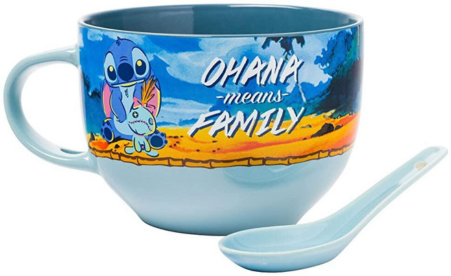 Silver Buffalo 디즈니 팀 버튼의 크리스마스 악몽 홀리데이 시즌의 크리핑 잭 스켈링턴 세라믹 수프 머그 스푼 포함 680.4g(24온스), Lilo & Stitch: Ohana Means Fam