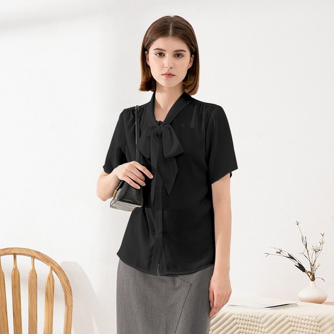 YAMANMAN 여성용 여름 트렌디 반팔 넥타이 보우 끈 수트 셔츠