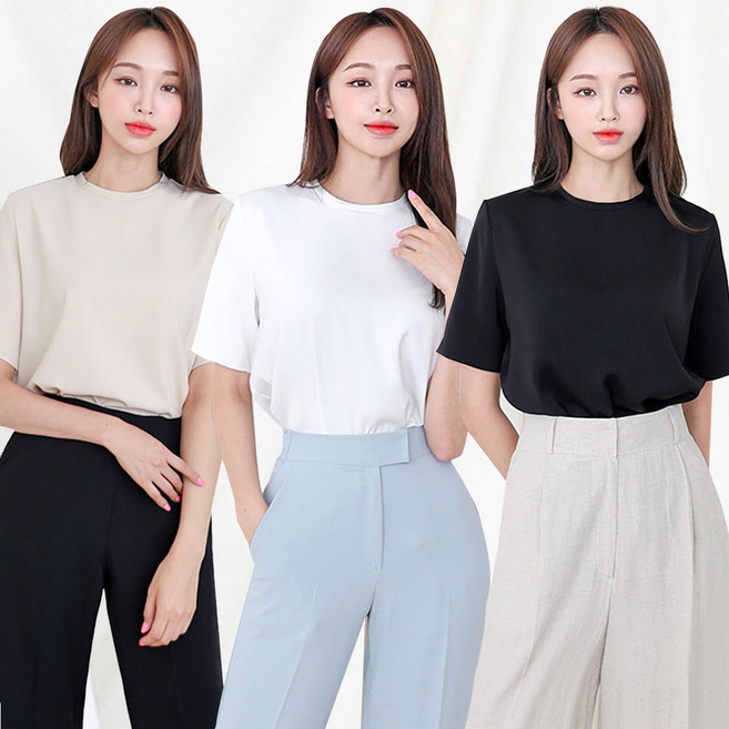 더웨이나인 여성 정장 라운드넥 반팔 블라우스 이너 티셔츠 찰랑