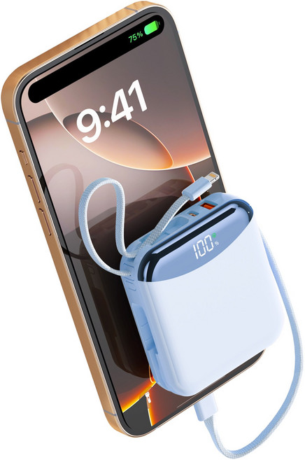 PIUJJA 일체형 QC3.0 PD 22.5W 대용량 고속충전 케이블 휴대용 미니 C타입 고속충전 보조배터리 10200mAh, 블루