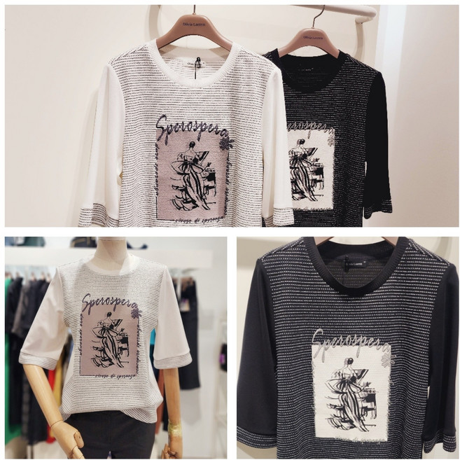 올리비아로렌 스트라이프 조직 콤비 나염 라운드넥 반팔 티셔츠 nc청주점 vocal4m3291