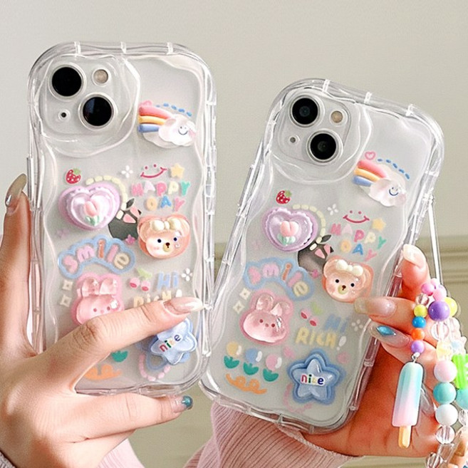 쁘띠마켓 레진 에폭시 파츠 입체 무지개 곰돌이 토끼 키링 스트랩 물결 범퍼 아이폰 풀커버 투명 케이스