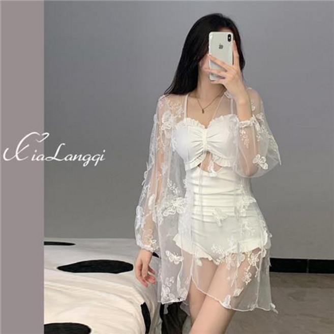 高級感連體泳衣 純欲風長袖防曬罩衫 學生少女泳裝, 1個, 8369白色（套裝）L碼 (適合95-108斤)