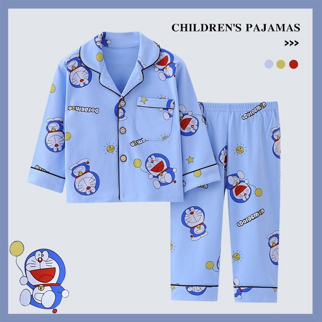 남아 아동 순면 긴팔 잠옷 세트 어린이 홈웨어 봄가을, 스카이블루 도라에몽